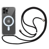Crossbody Magnetic Clear iPhone Case with Lanyard Hard PC Back Cover and a black lanyard on a white background
