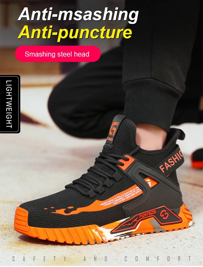 Black and orange safety shoe with text highlighting features on a blurred background