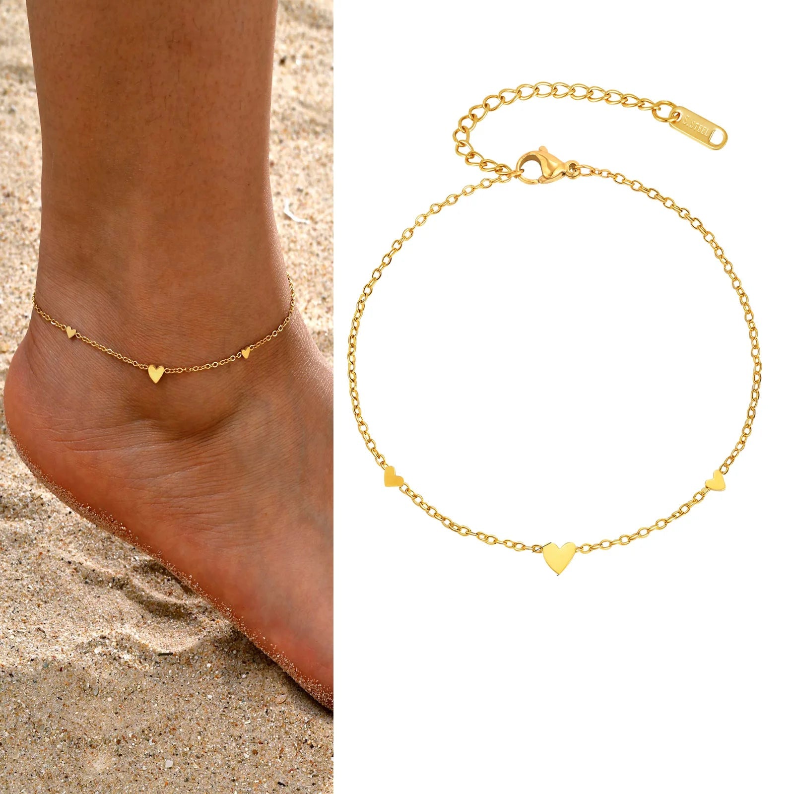 Gold plated stainless steel heart anklet bracelet for women delicate adjustable foot jewelry