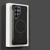 Black phone case with magnetic feature on a white stand against a dark background