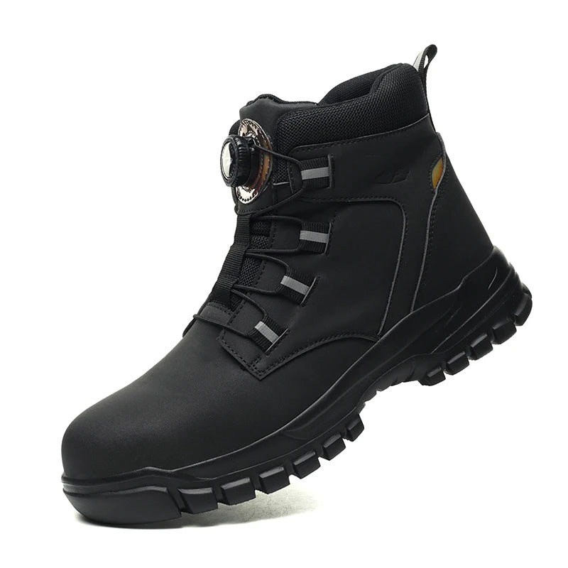 Black boot with a thick sole on a white background