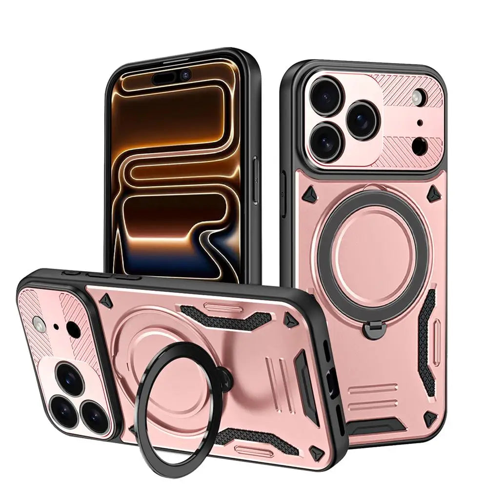 Pink Luxury Armor Magnetic iPhone Case with Ring Kickstand Full Coverage PC TPU