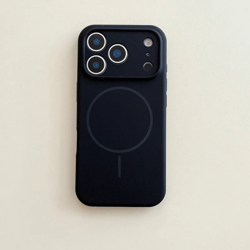 Black phone case with a minimalist design on a beige background