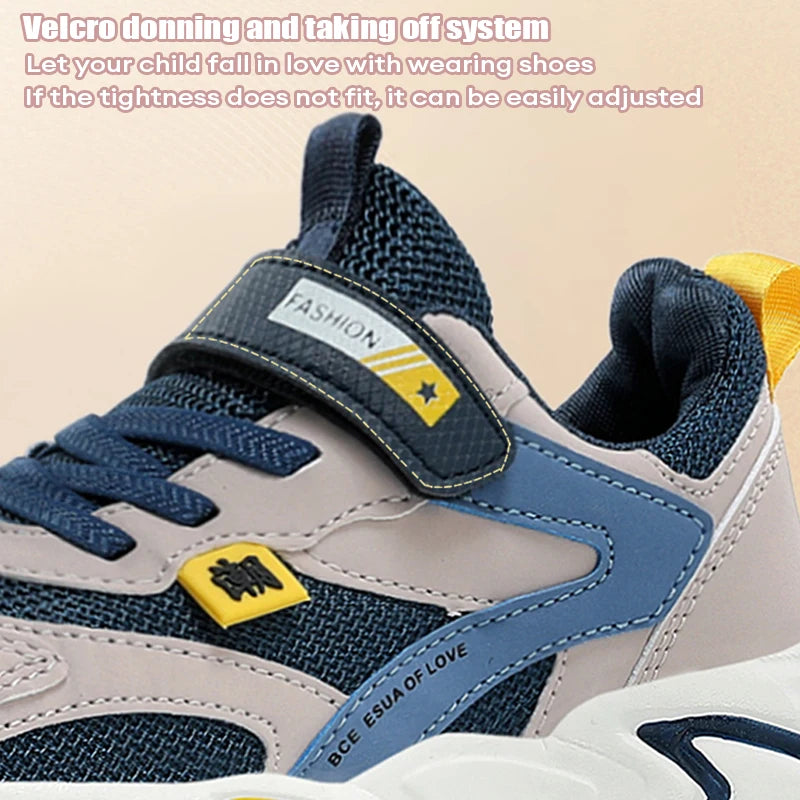 Children's shoe with Velcro strap on a beige background