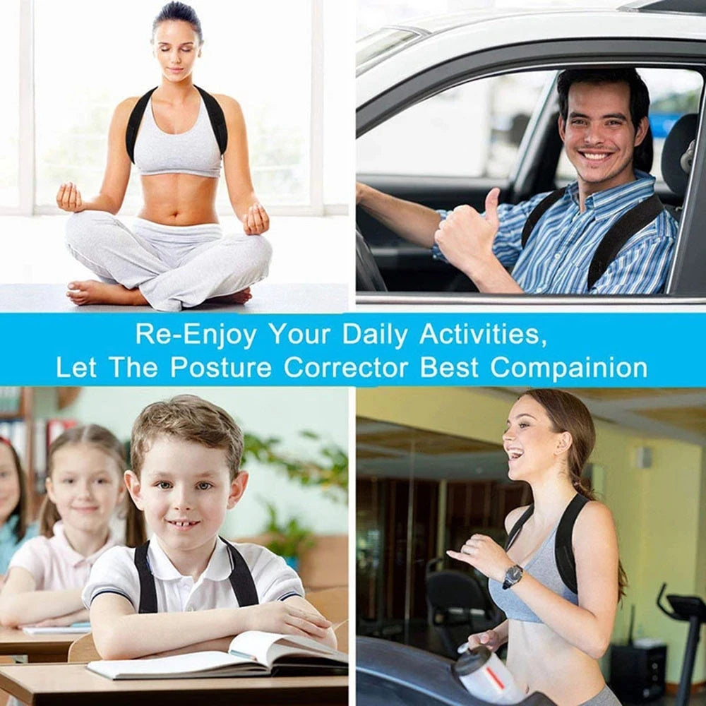 Collage of people in various activities with text promoting a posture corrector.