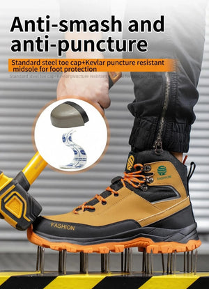Work boot with steel toe cap and Kevlar puncture resistant midsole, being tested against a spike and a jackhammer.