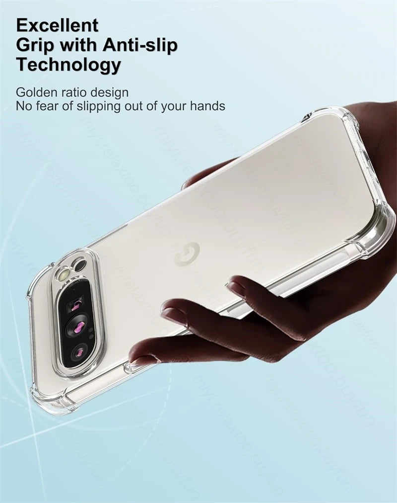 Phone case with anti-slip technology held by a hand on a light blue background