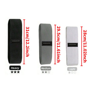 Three resistance bands with labeled sizes and weights on a white background