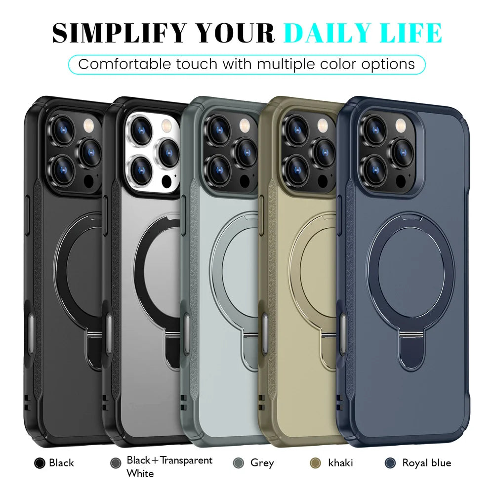 Five iphone case options in black, black+transparent white, gray, khaki, and royal blue with a ring holder on a white background.