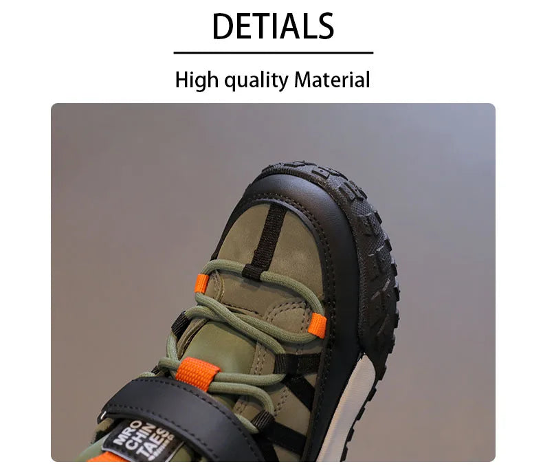 Close-up detail shot of a shoe with olive green suede, black overlays, black laces, and bright orange accents, under the heading 'DETAILS High quality Material'.