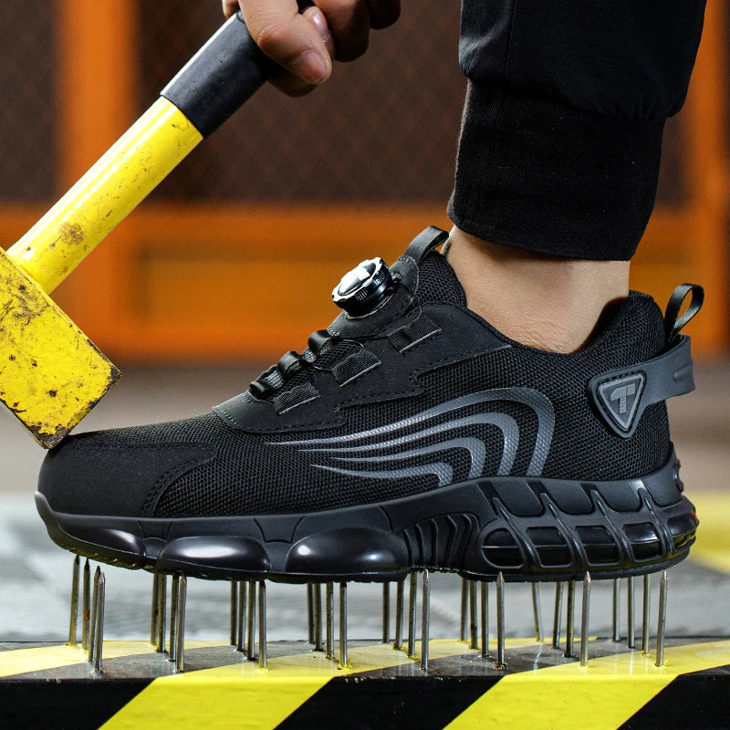 Black safety shoes with a yellow and black striped platform on a blurred background