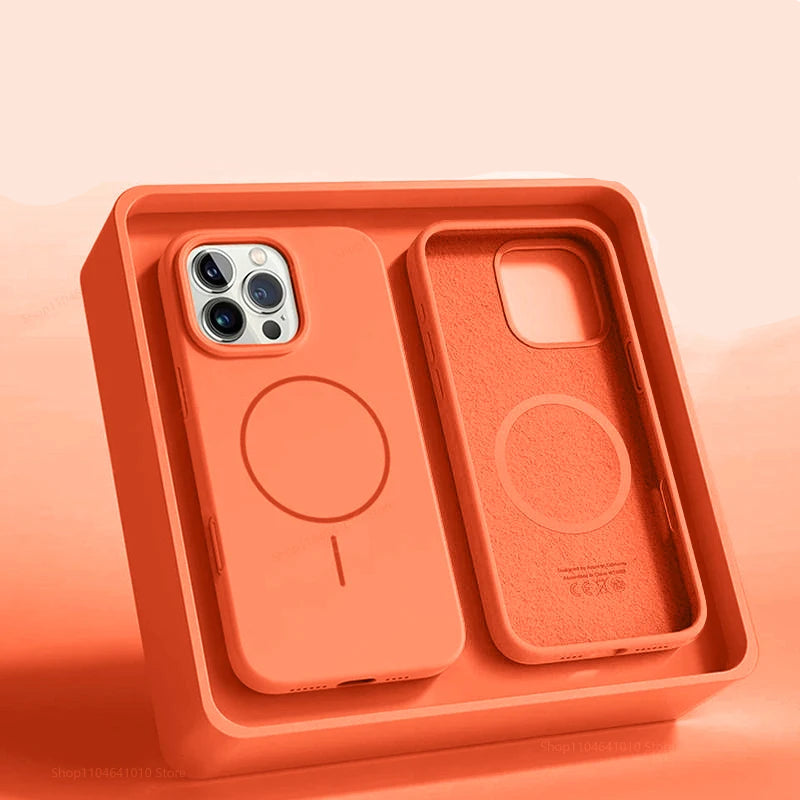 Orange silicone phone case with 'Official Liquid' branding on a matching background
