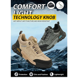 Two shoes with text highlighting comfort, light weight, and technology features against a mountainous background.