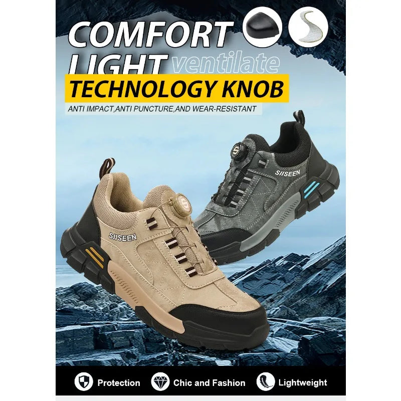 Two shoes with text highlighting comfort, light weight, and technology features against a mountainous background.