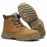 A pair of tan tactical safety work boot shown on a white background, with one boot standing upright and the other tilted to display its textured sole.