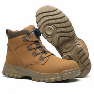 A pair of tan tactical safety work boot shown on a white background, with one boot standing upright and the other tilted to display its textured sole.