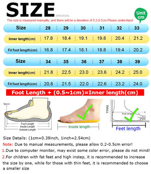 Shoe size chart with measurements for inner length, fit foot length, and foot length.