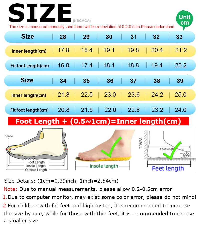 Shoe size chart with measurements for inner length, fit foot length, and foot length.
