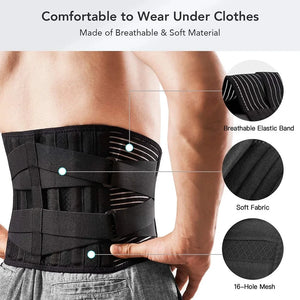 Black waist support belt worn by a person with close-up details on material and design.