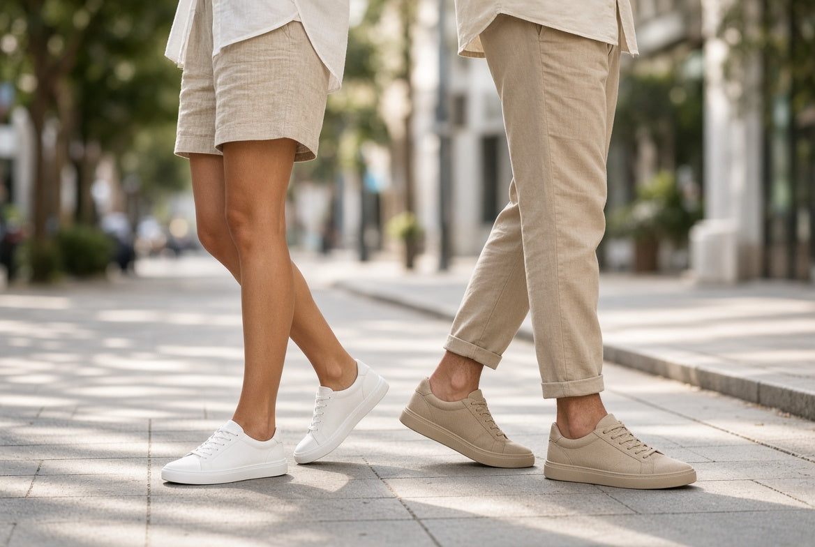 Two people walking on a sunlit city sidewalk, shown from the waist down in beige and white casual clothing with white and tan sneakers.