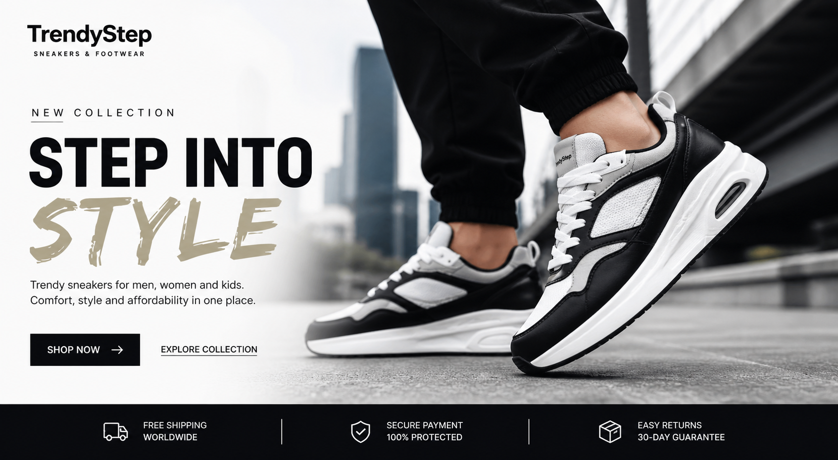 Modern ecommerce hero banner for a sneaker brand called "TrendyStep". A stylish urban street scene with a young model wearing trendy white sneakers. Clean minimal background, soft daylight, premium fashion photography style. Include space for text on left side. High-end commercial look, Nike/Adidas style aesthetic, sharp focus, realistic, 4K quality. Mood: modern, trendy, youthful, confident.