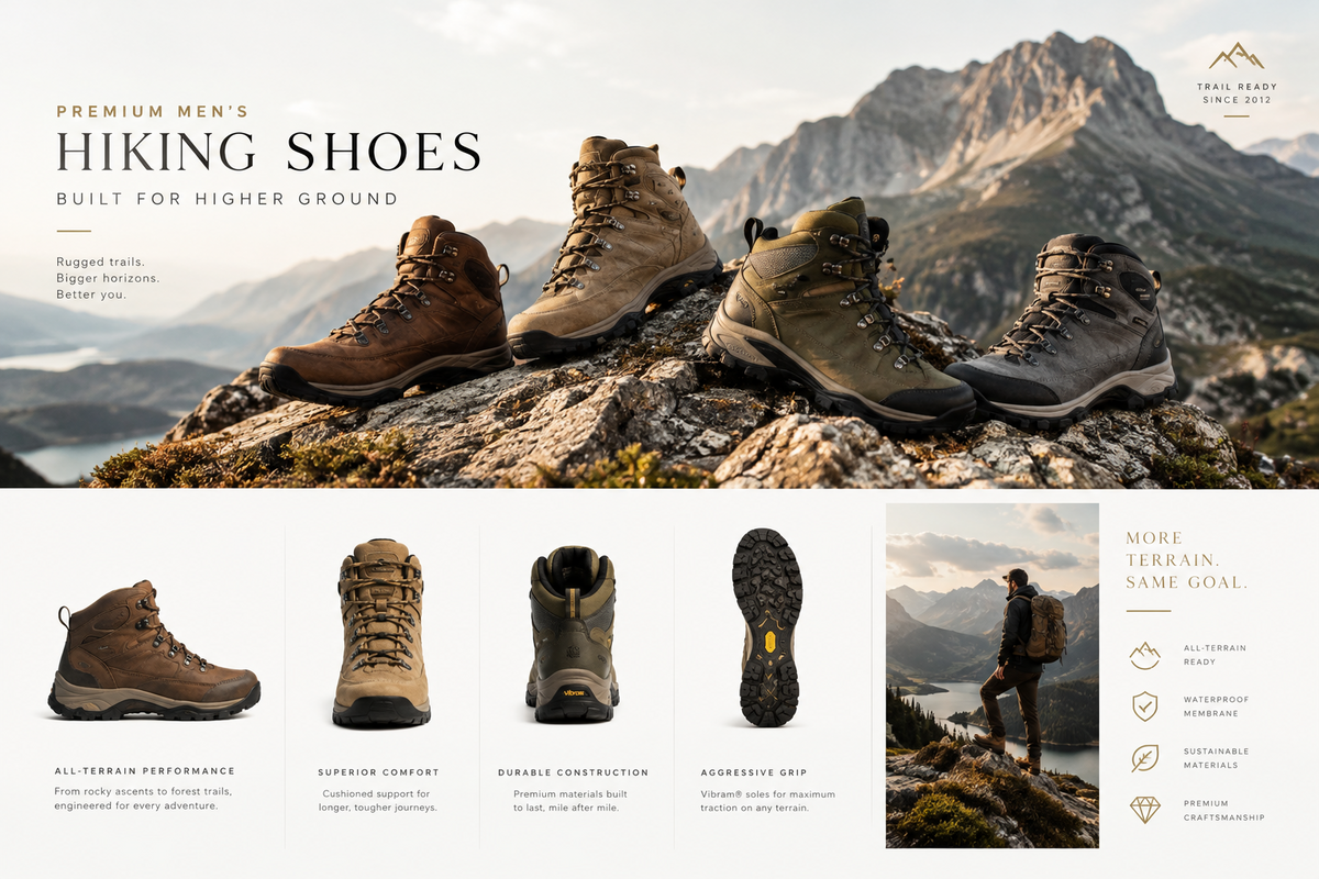 A promotional banner for premium men's hiking shoes. The top section shows four pairs of hiking boots (brown, olive green, and gray) resting on a rocky mountain path with a misty mountain range in the background.