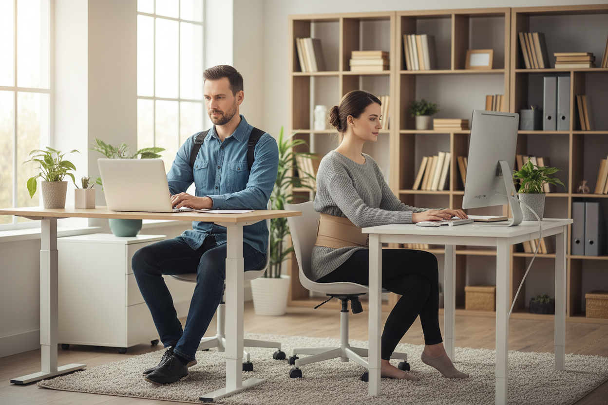 Relief System Bundle: man woman at home office Posture corrector & lumbar support belt to improve posture and relieve upper and lower back discomfort. Perfect for office workers!