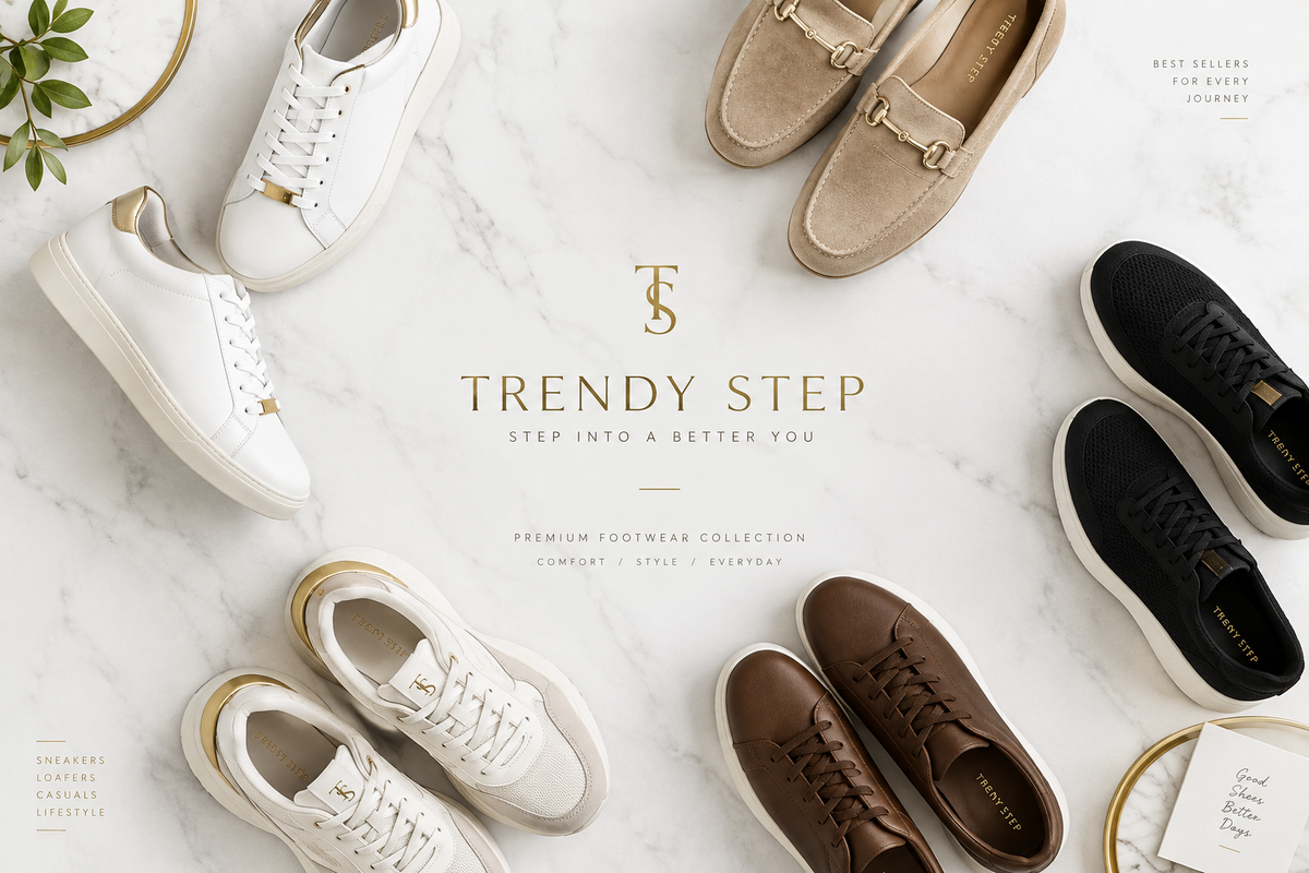 A styled flat-lay of multiple pairs of Trendy Step sneakers and loafers arranged on a white marble background with gold branding text in the center.