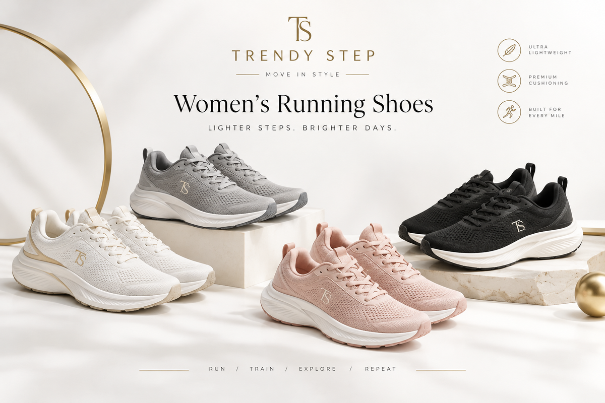 Four pairs of Trendy Step women's running shoes in white, gray, pink, and black, arranged on pedestals with promotional text and feature icons on a clean, light beige background.